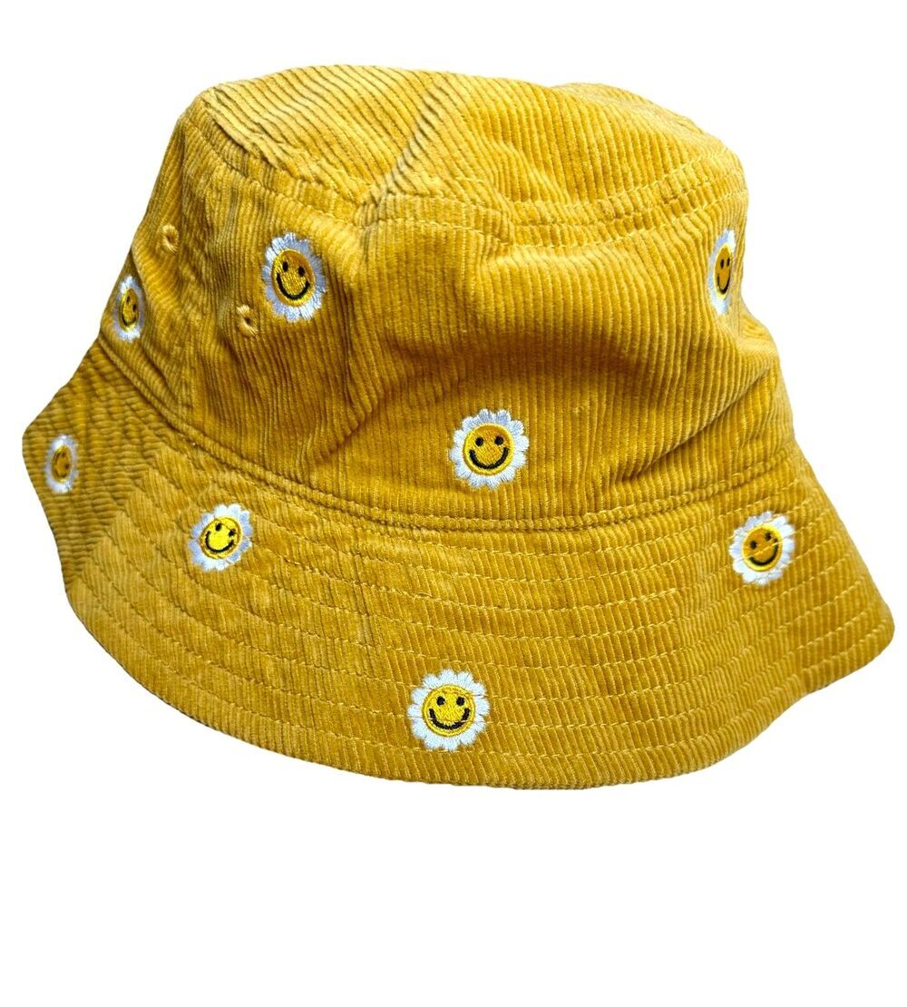 Mighty Fine Yellow Corduroy Bucket Hat Smiley Face Embroidered Cotton OSFM